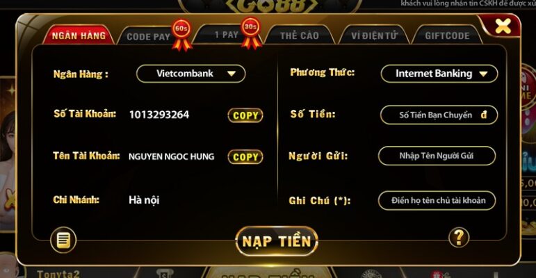 Hướng dẫn nạp tiền dễ dàng tại cổng game Go88-ngân hàng