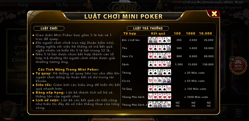 Mini Poker - Sảnh game với lối chơi và luật chơi đơn giản